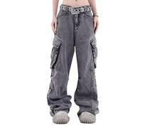Lafaguw Women's Cargo Pants Low Waist Baggy Jeans Pocket Wide Leg Casual Trendy Streetwear Grunge Emo Clothes, Grey3, Large
