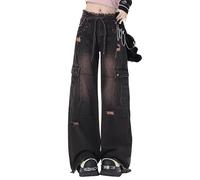 Lafaguw Women's Cargo Pants Low Waist Baggy Jeans Pocket Wide Leg Casual Trendy Streetwear Grunge Emo Clothes, Black5, Large