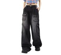 Lafaguw Women's Cargo Pants Low Waist Baggy Jeans Pocket Wide Leg Casual Trendy Streetwear Grunge Emo Clothes, Black7, Large