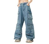 Lafaguw Women's Cargo Pants Low Waist Baggy Jeans Y2K Pocket Wide Leg Casual Trendy Streetwear Grunge Emo Clothes, Blue4, Medium