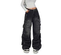 Lafaguw womens cargo pants low waist baggy pocket y2k wide leg casual fashion streetwear grunge emo, Black 1, L