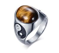 LAFATINA Vintage Yin Yang Balance Wedding Bands Men's Women Stainless Steel Tiger Eye Stone Tai Chi Class Rings, Size V