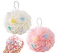 Lafefe 2Pcs Loofah Sponge with Built-in Sponge Core, Soft PE Mesh Shower Puff Body Scrubber for Rich Lather, Shower Puffs for Body Care, Home & Travel(White+Pink)