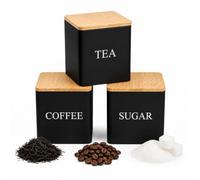 Lafefe 3 Pcs Tea Coffee Sugar Canisters Set with Airtight Bamboo Lids - Modern Square Steel Kitchen Storage Jars - Refined Countertop Containers for Industrial Coffee Corner(Matte Black)
