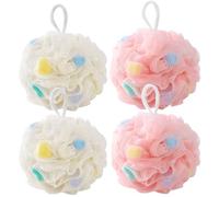 Lafefe 4Pcs Loofah Sponge with Built-in Sponge Core, Soft PE Mesh Shower Puff Body Scrubber for Rich Lather, Shower Puffs for Body Care, Home & Travel(White+Pink)*2
