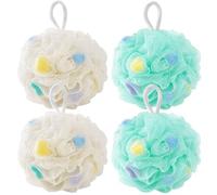Lafefe 4Pcs Loofah Sponge with Built-in Sponge Core, Soft PE Mesh Shower Puff Body Scrubber for Rich Lather, Shower Puffs for Body Care, Home & Travel(Green*2+White*2)