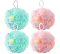 Lafefe 4Pcs Loofah Sponge with Built-in Sponge Core, Soft PE Mesh Shower Puff Body Scrubber for Rich Lather, Shower Puffs for Body Care, Home & Travel(Pink+Green)*2