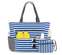 Lafefe Beach Bag for Women, Large Waterproof Beach Bag with Zip & Pockets, Foldable Oxford Tote 40.5×39×17cm, Travel Beach Bags for Holiday Pool Gym (Blue Stripe)