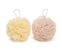Lafefe Loofah Sponge with Built-in Sponge Core, 2PCS Soft PE Mesh Shower Puff Body Scrubber for Rich Lather, Shower Puffs for Body Care, Home & Travel (Pink+Yellow)