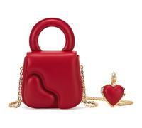 LA'FESTIN Mini Crossbody Bag for Women, Heart-Shape Leather Top-Handle Handbag with Heart-shape Mirrors & Long Chain Strap, Red, One Size