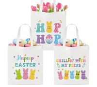 Laffact Easter Bunny Peep Gift Bags - 3Pcs Large Canvas Tote Bags with Handles, Funny Easter Egg Bunny Chillin' with My Peeps Treat Handbags, Reusable Grocery Folding Shopping Handbag for Party Favors