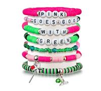 laffact Magic Witch Musical Bracelet - 7Pcs Pink Goes Good with Green Clay Beaded Stretch Bracelet Witch Hat Magic Wand Pink Green Friendship Chains Jewelry Gifts for Women Fans Decoration