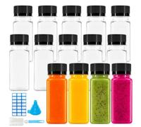 lafo 14 pcs 2oz/60ml Reusable Square Shot Bottles with Lids,Plastic Juice Bottles, Empty Mini Bottle, with Folding Funnel, Bottle Brush and Labels