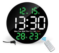 Lafocuse 10" LED Large Digital Wall Clock Powered by Cable with Remote Control, Date, Temperature, Timer, DST and Dual Alarm, Silent Modern Clocks Decor for Living Room, Bedroom, Office, Gym (Green)