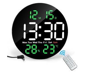 Lafocuse 10" Round LED Digital Wall Clock Mains Powered Large Display, with Remote Control Temperature Date Day Dual Alarms, Modern Digital Clocks Wall Mounted, Green