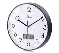 Lafocuse 12 Inch Black Wall Clock Silent with Date Day Temperature Display | with LCD Screen, Non Ticking Noise, Battery Operated, Modern Analogue Clocks for Kitchen Bedroom Office
