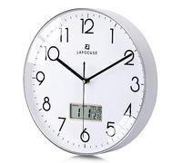 Lafocuse 12 Inch Kitchen Wall Clock with Date and Day, Silent Non Ticking Wall Clock Battery Operated Modern Silver for Bedroom Living Room Office