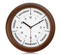 Lafocuse 12 Inch Silent Day of The Week Wall Clock Solid Wood Frame,Brown Day Clocks for Seniors, Unique Retirement Clock Day of Week Battery Operated for Living Room Decor Bedroom Office