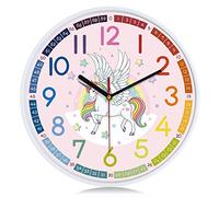 Lafocuse 12 Inch Silent Telling Time Teaching Clock,Learning Pink Wall Clock for Kids Girls Children, Quartz Decorative Wall Clocks for Bedrooms Living Room Classroom