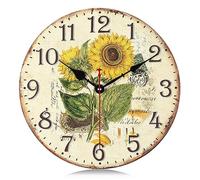 Lafocuse 12 Inch Silent Wooden Sunflower Wall Clock Yellow Battery Operated, Vintage Shabby Chic Rustic Farmhouse Kitchen Clocks Wall Decorative for Living Room Bedroom Office