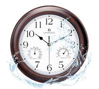 Lafocuse 12 Inch Wall Clock Silent Waterproof with Temperature and Humidity, Mahogany Color Outdoor/Indoor Clocks Battery Operated for Living Room Kitchen Bedroom