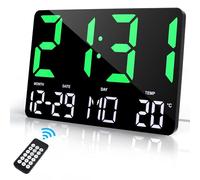 Lafocuse 12" LED Digital Wall Clock Powered by Cable, Large Display Desk Clock with Remote Control, Alarm, Date, Day, Temperature, Modern Electronic Clocks for Bedroom Living Room Office, Green