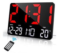 Lafocuse 12" LED Digital Wall Clock Powered by Cable, Large Display Desk Clock with Remote Control, Alarm, Date, Day, Temperature, Modern Electronic Clocks for Bedroom Living Room Office, Red