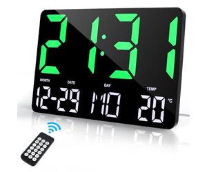 Lafocuse 12" LED Digital Wall Clock Powered by Cable, Large Display Desk Clock with Remote Control, Alarm, Date, Day, Temperature, Modern Electronic Clocks for Bedroom Living Room Office, Green