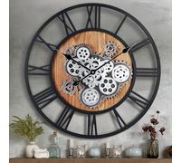 Lafocuse 23 Inch Wooden Real Moving Gears Wall Clock Black,Large Wall Clock Oversized Vintage Rustic Farmhouse Industrial Clocks for Living Room Decor