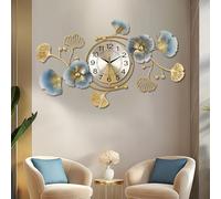 Lafocuse 33x19 Inch Metal Unique Luxury Ginkgo Leaf Wall Clock Battery Operated, Silent Mordern Art Deco Large Blue and Gold Wall Clocks, Wall Decor for Living Room Kitchen Office