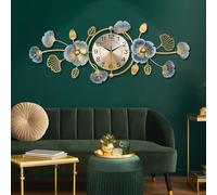 Lafocuse 37x14 Inch Metal Unique Luxury Ginkgo Leaf Wall Clock Battery Operated, Silent Mordern Art Deco Large Blue and Gold Wall Clocks, Wall Decor for Living Room Kitchen Office