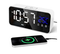 Lafocuse Digital Bedside Alarm Clock with Date Week and Temperature Display, 25 Music, Big LED Mirror Alarm Clock with Triple Alarms for Heavy Sleepers, Snooze, Brightness Dimmer for Bedroom, White
