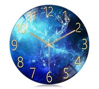 Lafocuse Glass Blue Galaxy Wall Clock, 12 Inch Silent Non-Ticking Battery Operated Modern Decorative Clocks for Living Room Kitchen Bedroom, Deer Pattern