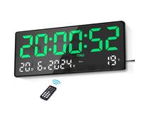 Lafocuse Large Digital Wall Clock 15.5 Inch LED Display, Green Digital Clock Powered by Cord with Remote Control, 2 Alarms, Date, Week, Temperature, Modern Electronic Clocks for Living Room Bedroom