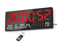 Lafocuse Large Digital Wall Clock 15.5 Inch LED Display, Red Digital Clock Powered by Cord with Remote Control, 2 Alarms, Date, Week, Temperature, Modern Electronic Clocks for Living Room Bedroom