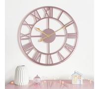 Lafocuse Large Pink Wall Clock Rose Gold Silent Metal with 2 Pairs of Hands, Elegant Roman Numerals Wall Clocks, Big Clock for Living Room Decor Bedroom Office Home, 16 Inch