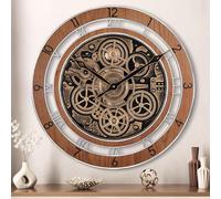 Lafocuse Real Moving Gears Wall Clock Brown Vintage, 21 Inch Steampunk Gear Clocks with Arabic and Roman Numerals, Wooden Farmhouse Industrial Large Wall Clock for Living Room Decor Kitchen Home
