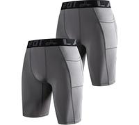 LAFROI Men's 2-Pack Quick Dry Cool Compression Fit Tights Shorts Waistband -YSK09 Pocket Grey Size MD