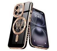 Lafunda for iPhone 16 Case, for Womens Girls Luxury Plating Butterfly Pattern Case, Compatible with Magsafe Shockproof Camera Protetcion Silicone Cover for iPhone 16 6.1", Black