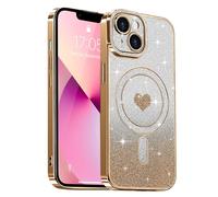Lafunda Magnetic for iPhone 13 Case Glitter, Plating Luxury Sparkle Cute Love Heart Clear Cover for Women Girls Silicone Anti-Scratch Camera Protection Shockproof Case for iPhone 13, Gold