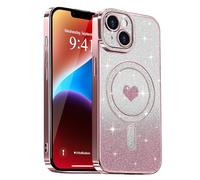 Lafunda Magnetic for iPhone 14 Case Glitter, Plating Luxury Sparkle Cute Love Heart Clear Cover for Women Girls Silicone Anti-Scratch Camera Protection Shockproof Case for iPhone 14, Pink
