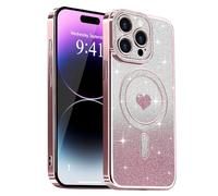 Lafunda Magnetic for iPhone 14 Pro Case Glitter, Plating Luxury Sparkle Cute Love Heart Clear Cover for Women Girls Silicone Anti-Scratch Camera Protection Shockproof Case for iPhone 14 Pro, Pink