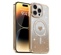 Lafunda Magnetic for iPhone 14 Pro Max Case Glitter, Plating Luxury Sparkle Cute Love Heart Clear Cover for Women Girls TPU Anti-Scratch Camera Protection Shockproof Case for iPhone 14 Pro Max, Gold