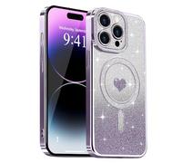 Lafunda Magnetic for iPhone 14 Pro Max Case Glitter, Plating Luxury Sparkle Cute Love Heart Clear Cover for Women Girls TPU Anti-Scratch Camera Protection Shockproof Case for iPhone 14 Pro Max, Purple