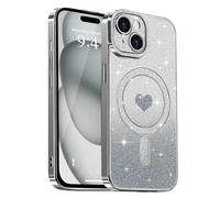 Lafunda Magnetic for iPhone 15 Case Glitter, Plating Luxury Sparkle Cute Love Heart Clear Cover for Women Girls Silicone Anti-Scratch Camera Protection Shockproof Case for iPhone 15, Silver