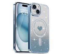 Lafunda Magnetic for iPhone 15 Case Glitter, Plating Luxury Sparkle Cute Love Heart Clear Cover for Women Girls Silicone Anti-Scratch Camera Protection Shockproof Case for iPhone 15, Blue
