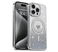 Lafunda Magnetic for iPhone 15 Pro Case Glitter, Plating Luxury Sparkle Cute Love Heart Clear Cover for Women Girls Silicone Anti-Scratch Camera Protection Shockproof Case for iPhone 15 Pro, Silver