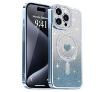 Lafunda Magnetic for iPhone 15 Pro Max Case Glitter, Plating Luxury Sparkle Cute Love Heart Clear Cover for Women Girls TPU Anti-Scratch Camera Protection Shockproof Case for iPhone 15 Pro Max, Blue