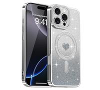 Lafunda Magnetic for iPhone 16 Pro Case Glitter, Plating Luxury Sparkle Cute Love Heart Clear Cover for Women Girls Silicone Anti-Scratch Camera Protection Shockproof Case for iPhone 16 Pro, Silver