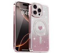 Lafunda Magnetic for iPhone 16 Pro Max Case Glitter, Plating Luxury Sparkle Cute Love Heart Clear Cover for Women Girls TPU Anti-Scratch Camera Protection Shockproof Case for iPhone 16 Pro Max, Pink